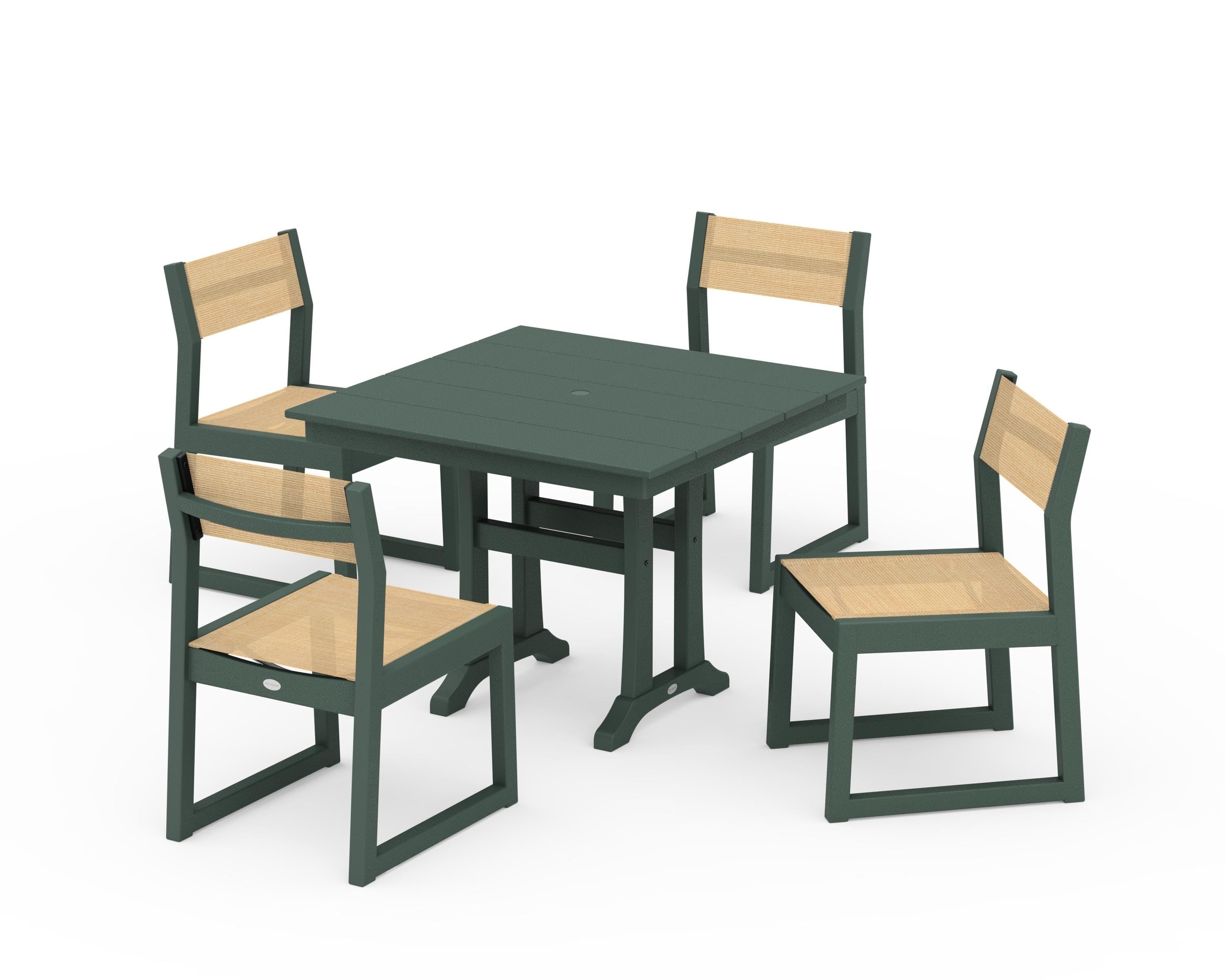 POLYWOOD® EDGE Sling 5-Piece Farmhouse Trestle Side Chair Dining Set in Green / Dupioni Apricot Sling