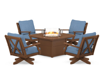 POLYWOOD® Braxton 5-Piece Deep Seating Swivel Conversation Set with Fire Pit Table in Teak / Sky Blue