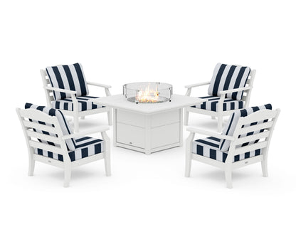 Draper James™ by  POLYWOOD® Savannah 5-Piece Deep Seating Set with Fire Pit Table in White / Cabana Stripe Marine Indigo