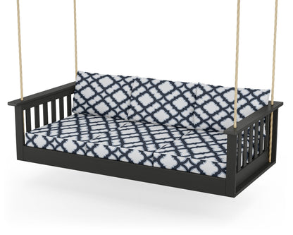 POLYWOOD® Vineyard Daybed Swing in Black / Trellis Marine Indigo