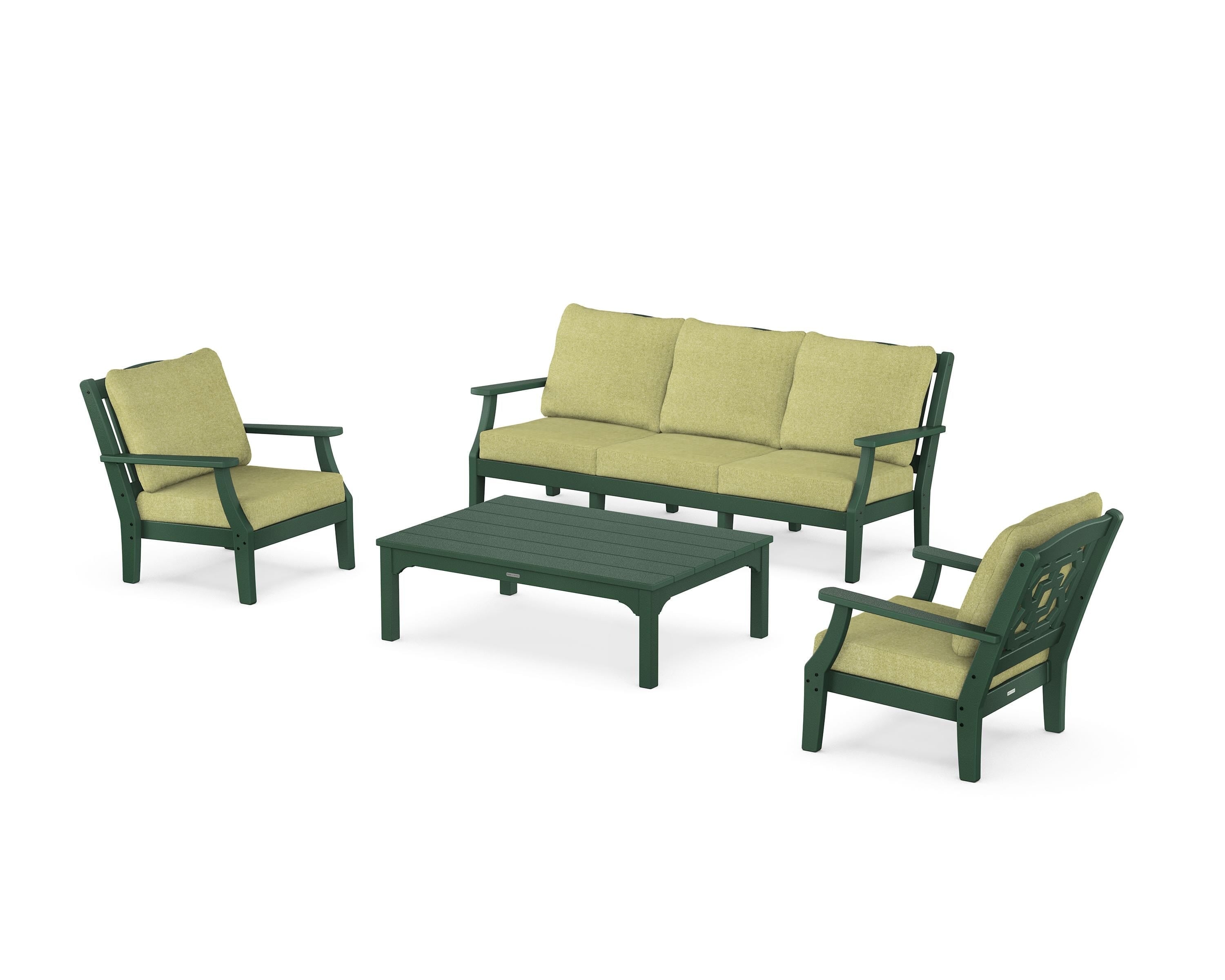 Martha Stewart by POLYWOOD® Chinoiserie 4-Piece Deep Seating Set with Sofa in Green / Chartreuse Boucle
