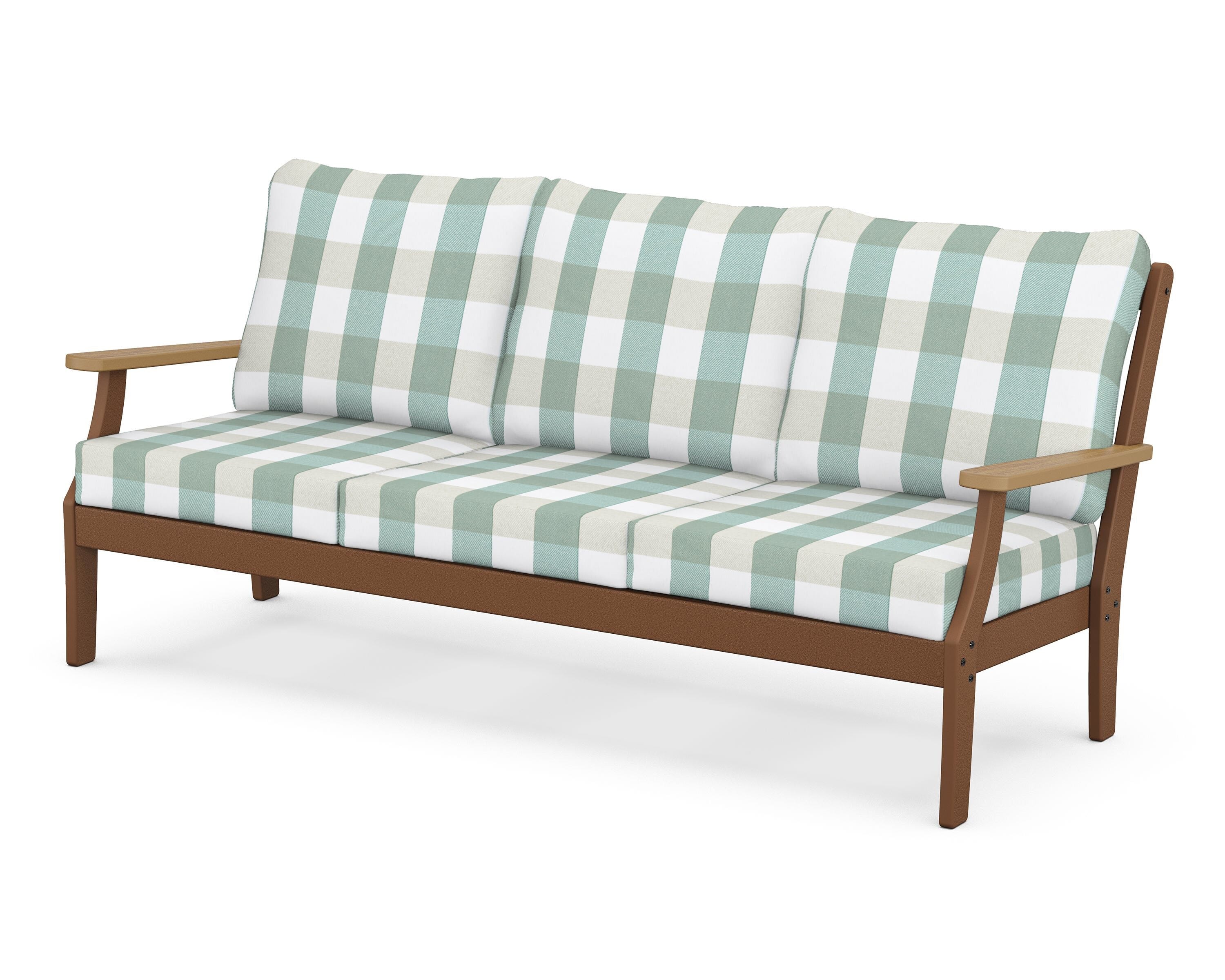 POLYWOOD® Braxton Deep Seating Sofa in Teak / Natural / Buffalo Plaid Glacier Spa