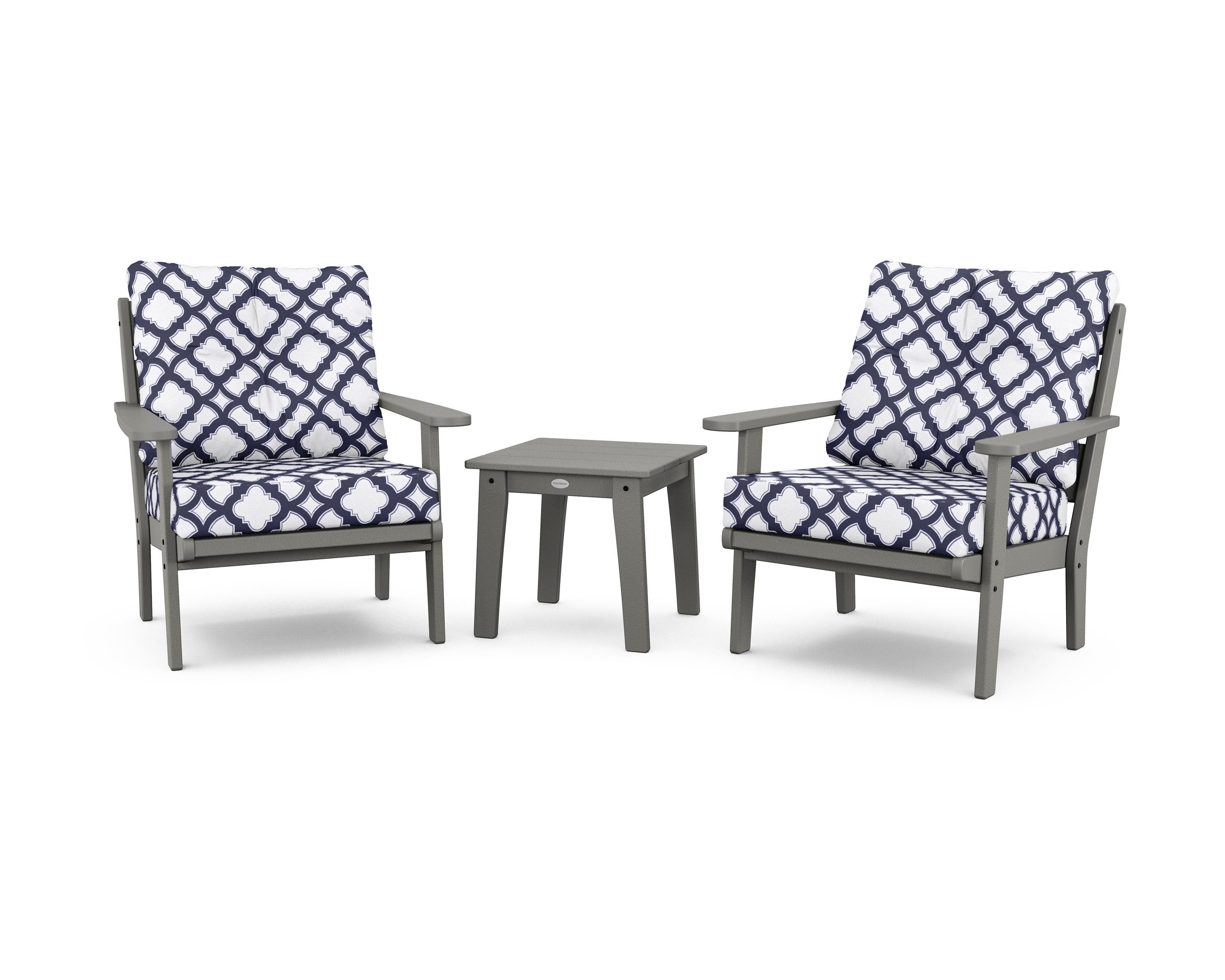 POLYWOOD® Lakeside 3-Piece Deep Seating Chair Set in Slate Grey / Trellis Navy