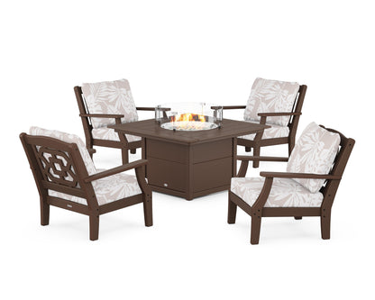 Martha Stewart by POLYWOOD® Chinoiserie 5-Piece Deep Seating Set with Fire Pit Table in Mahogany / Leaf Dune Burlap