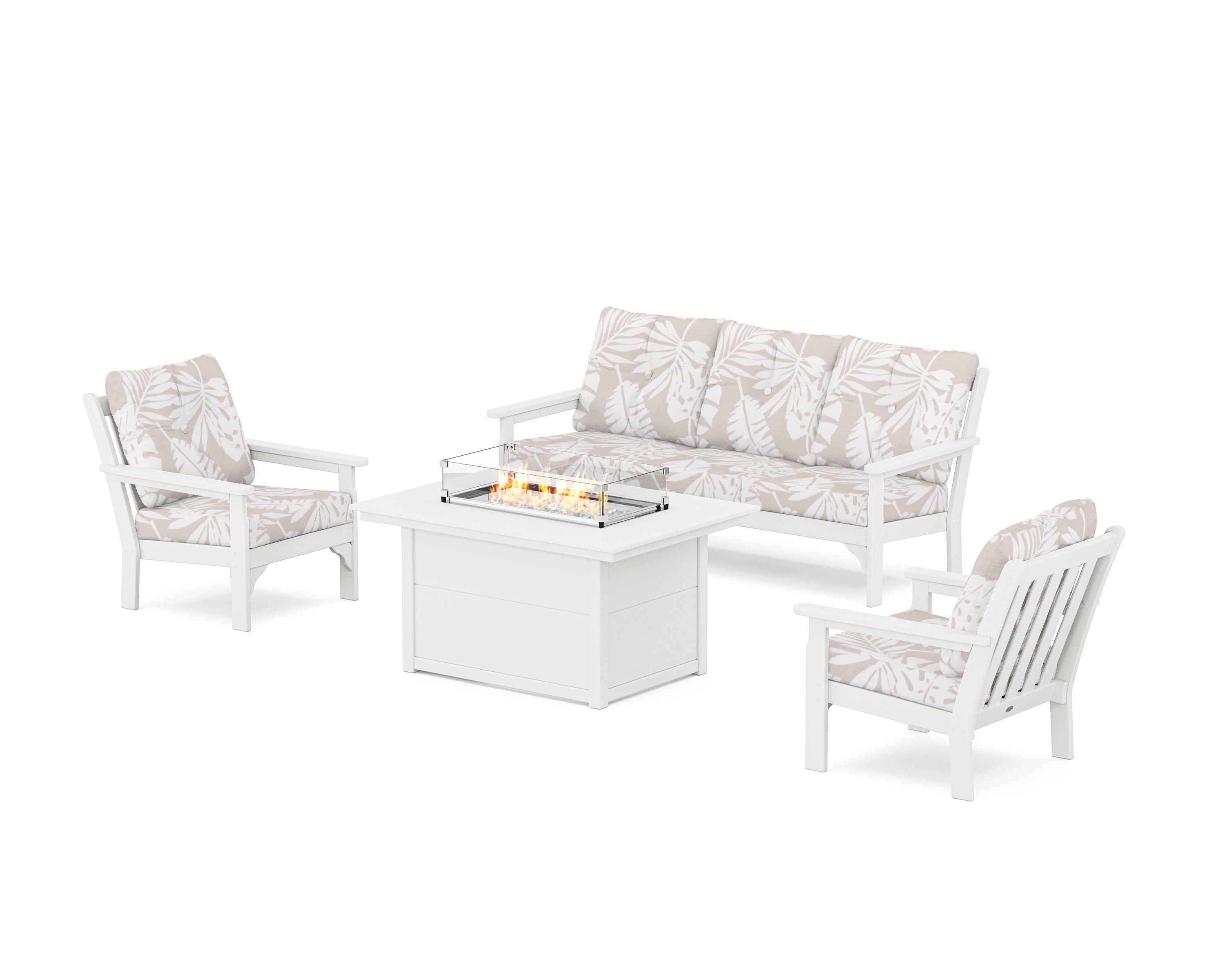 POLYWOOD® Vineyard Deep Seating Fire Pit Table Set in White / Leaf Dune Burlap