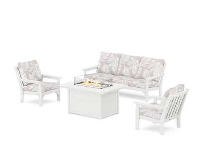 POLYWOOD® Vineyard Deep Seating Fire Pit Table Set in White / Leaf Dune Burlap