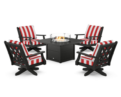 Country Living Wovendale 5-Piece Deep Seating Swivel Conversation Set with Fire Pit Table in Black / Cabana Stripe Crimson