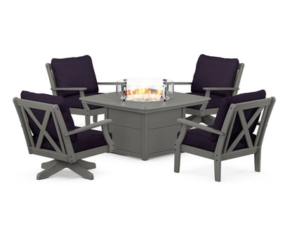 POLYWOOD® Braxton 5-Piece Deep Seating Set with Fire Table in Slate Grey / Navy Linen