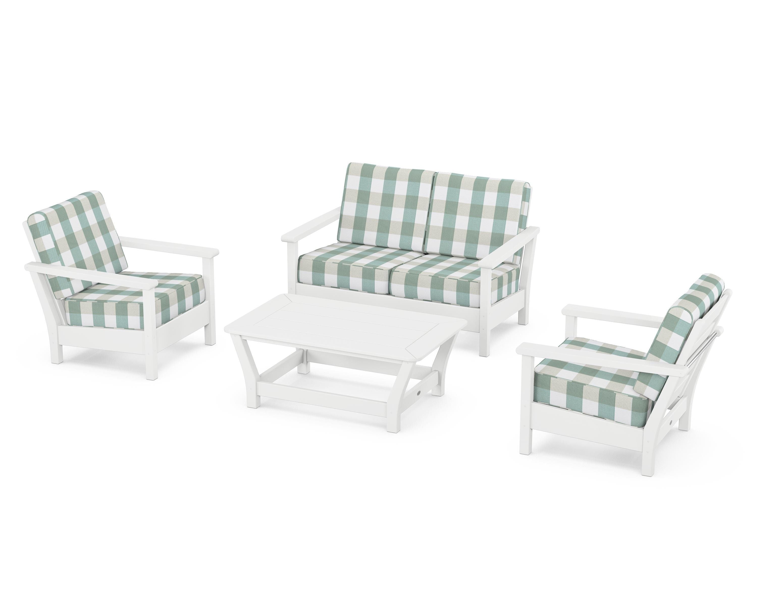 POLYWOOD® Harbour 4-Piece Deep Seating Set in White / Buffalo Plaid Glacier Spa