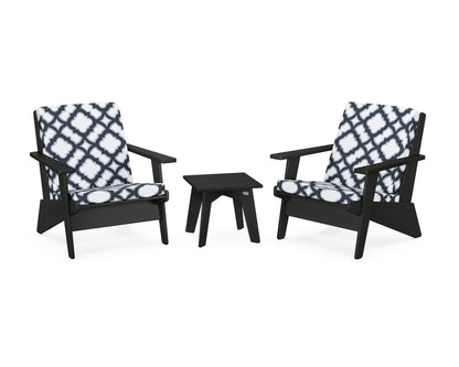 POLYWOOD® Riviera Modern Lounge 3-Piece Set in Black / Trellis Marine Indigo