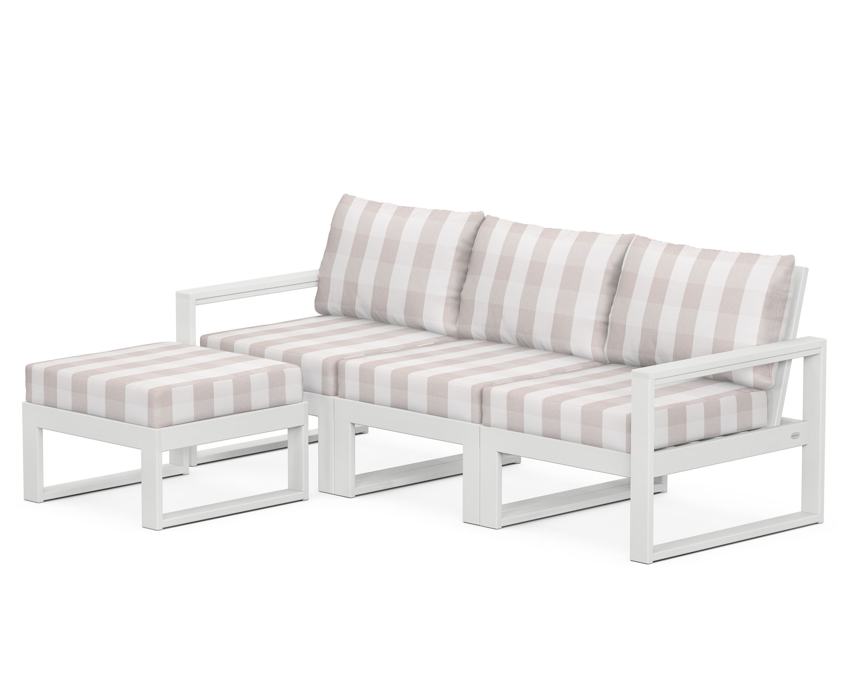 POLYWOOD® EDGE 4-Piece Modular Deep Seating Set with Ottoman in White / Buffalo Plaid Dune Burlap