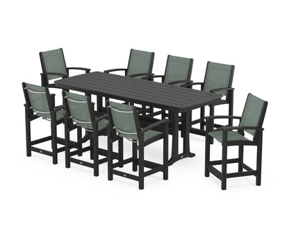POLYWOOD® Coastal 9-Piece Counter Set with Trestle Legs in Black / Dupioni Sea Mist Sling