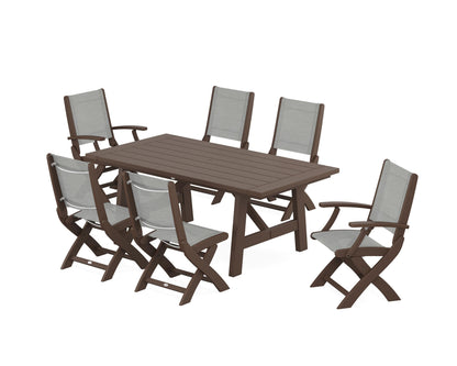 POLYWOOD® Coastal Folding Chair 7-Piece Rustic Farmhouse Dining Set in Mahogany / Metallic Sling