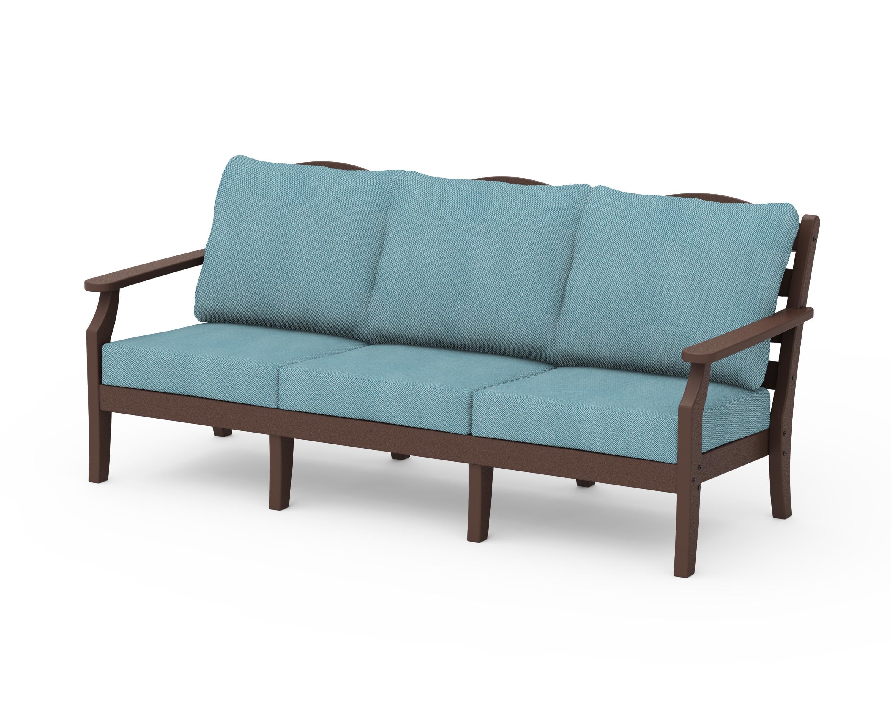 Draper James™ by  POLYWOOD® Savannah Deep Seating Sofa in Mahogany / Lattice Sky Blue