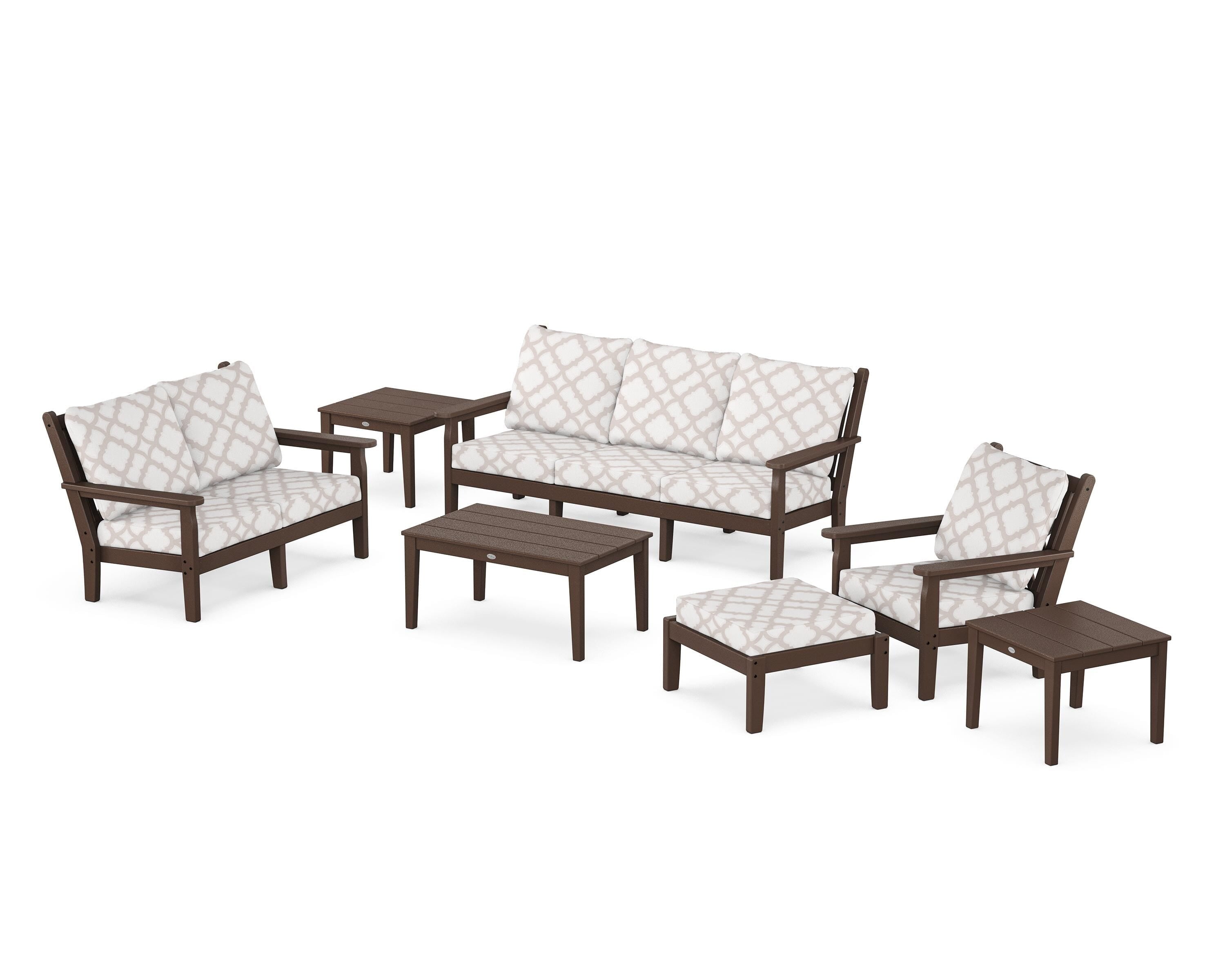 POLYWOOD® Chippendale 7-Piece Deep Seating Set in Mahogany / Trellis Dune Burlap
