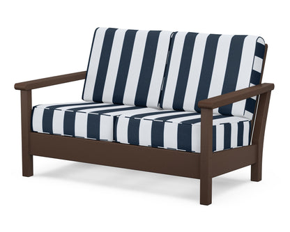 POLYWOOD® Harbour Deep Seating Loveseat in Mahogany / Cabana Stripe Marine Indigo