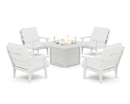 POLYWOOD® Lakeside 5-Piece Deep Seating Set with Nautical Fire Pit Table in White / Natural