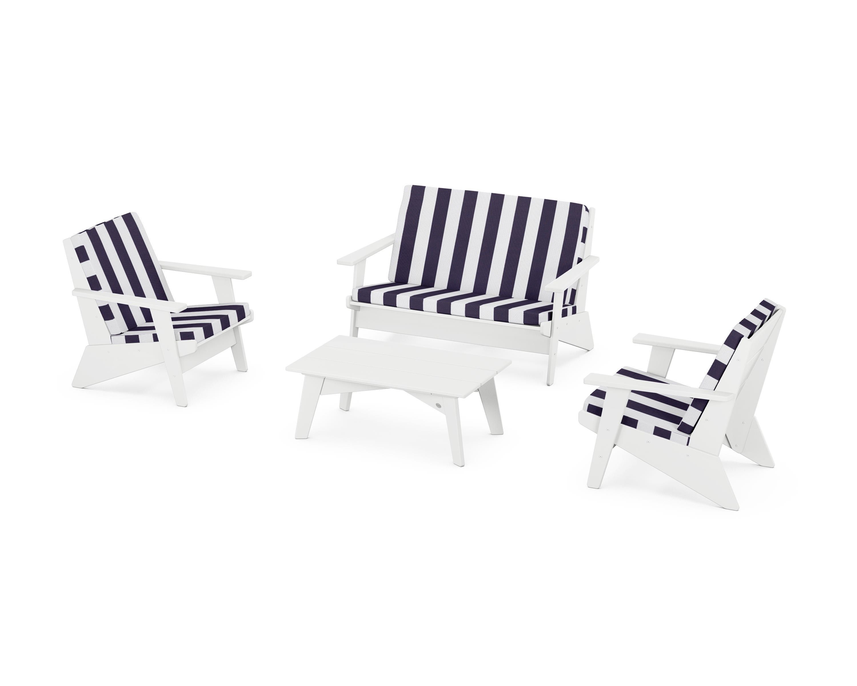POLYWOOD® Riviera Modern Lounge 4-Piece Set in White / Cabana Stripe Navy