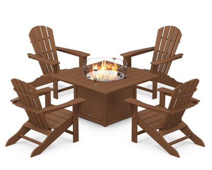 POLYWOOD® Palm Coast 5-Piece Adirondack Chair Conversation Set with Fire Pit Table in Teak