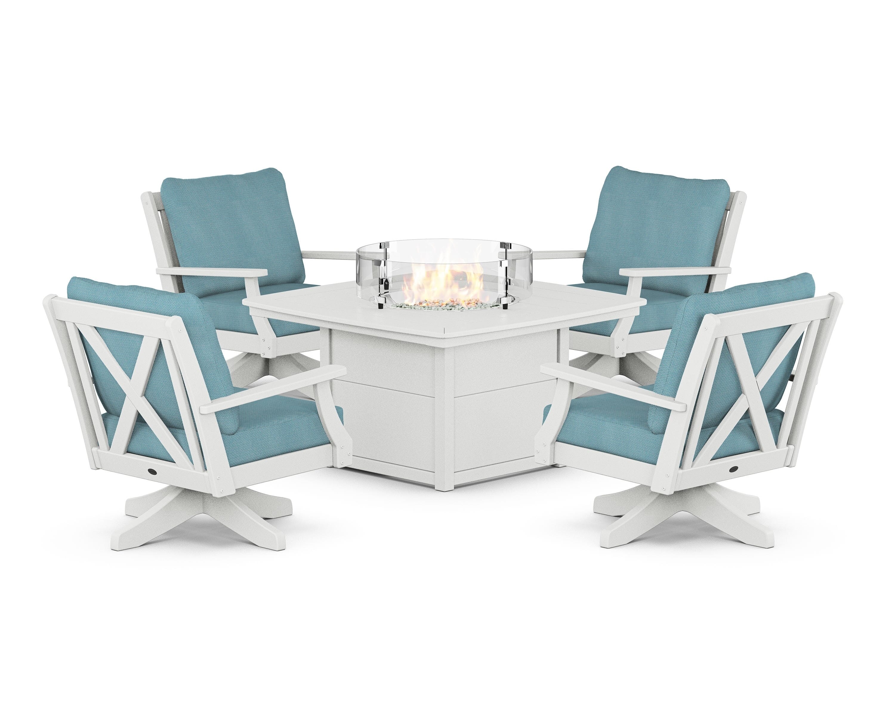 POLYWOOD® Braxton 5-Piece Deep Seating Swivel Conversation Set with Fire Pit Table in White / Lattice Sky Blue