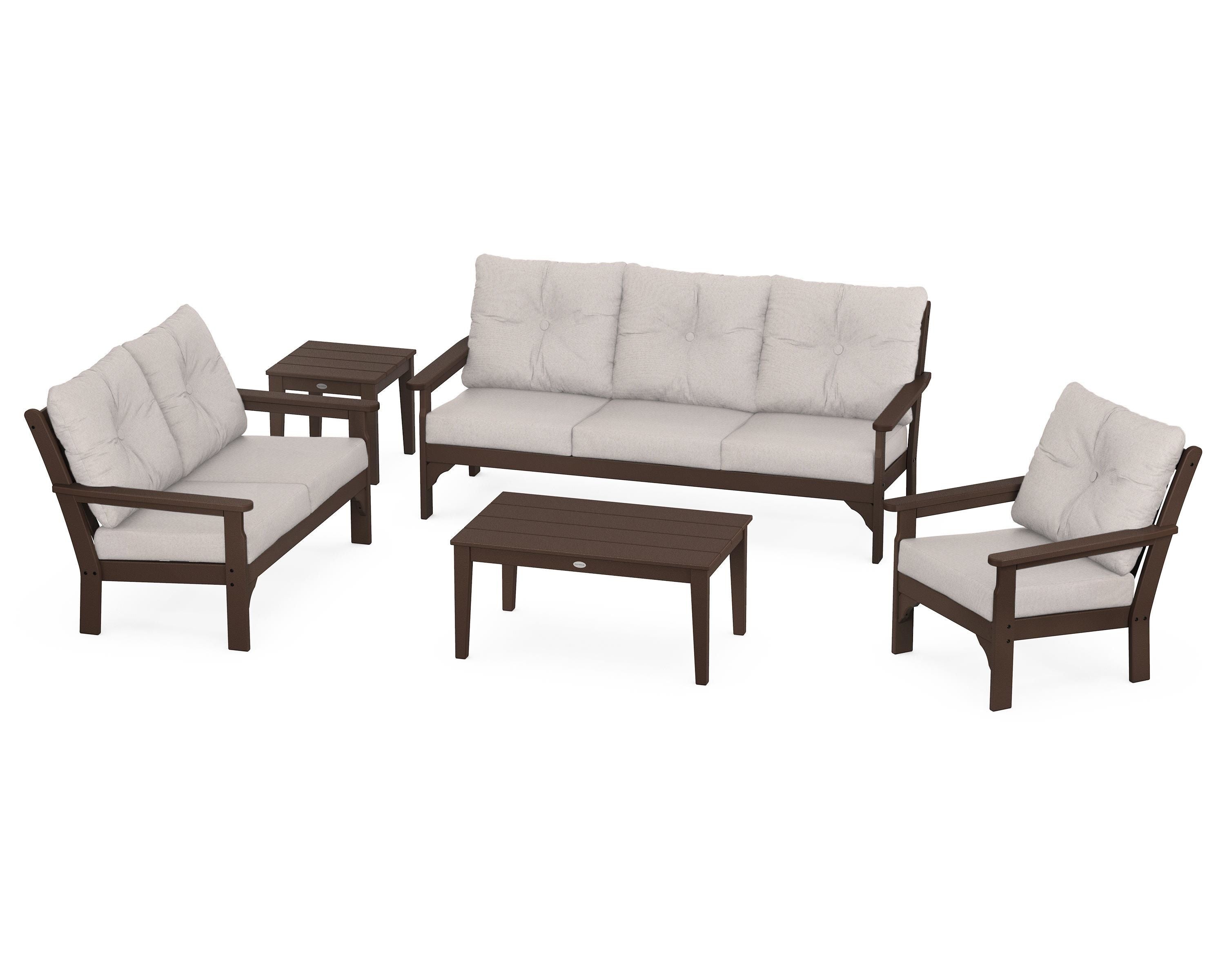 POLYWOOD® Vineyard 5 Piece Deep Seating Set in Mahogany / Dune Burlap
