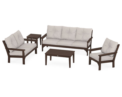 POLYWOOD® Vineyard 5 Piece Deep Seating Set in Mahogany / Dune Burlap