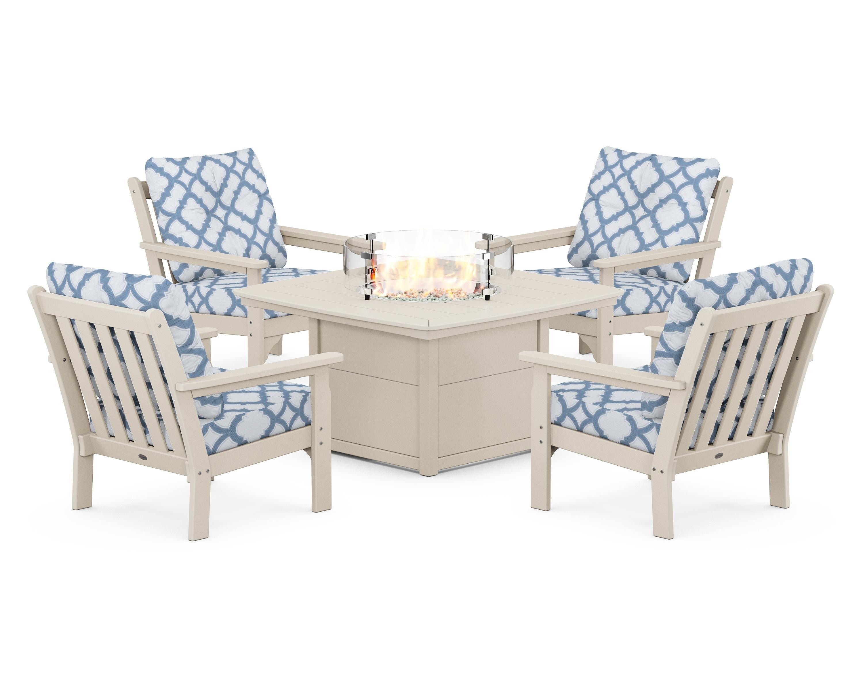 POLYWOOD® Vineyard 5-Piece Conversation Set with Fire Pit Table in Sand / Trellis Sky Blue