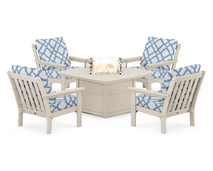 POLYWOOD® Vineyard 5-Piece Conversation Set with Fire Pit Table in Sand / Trellis Sky Blue
