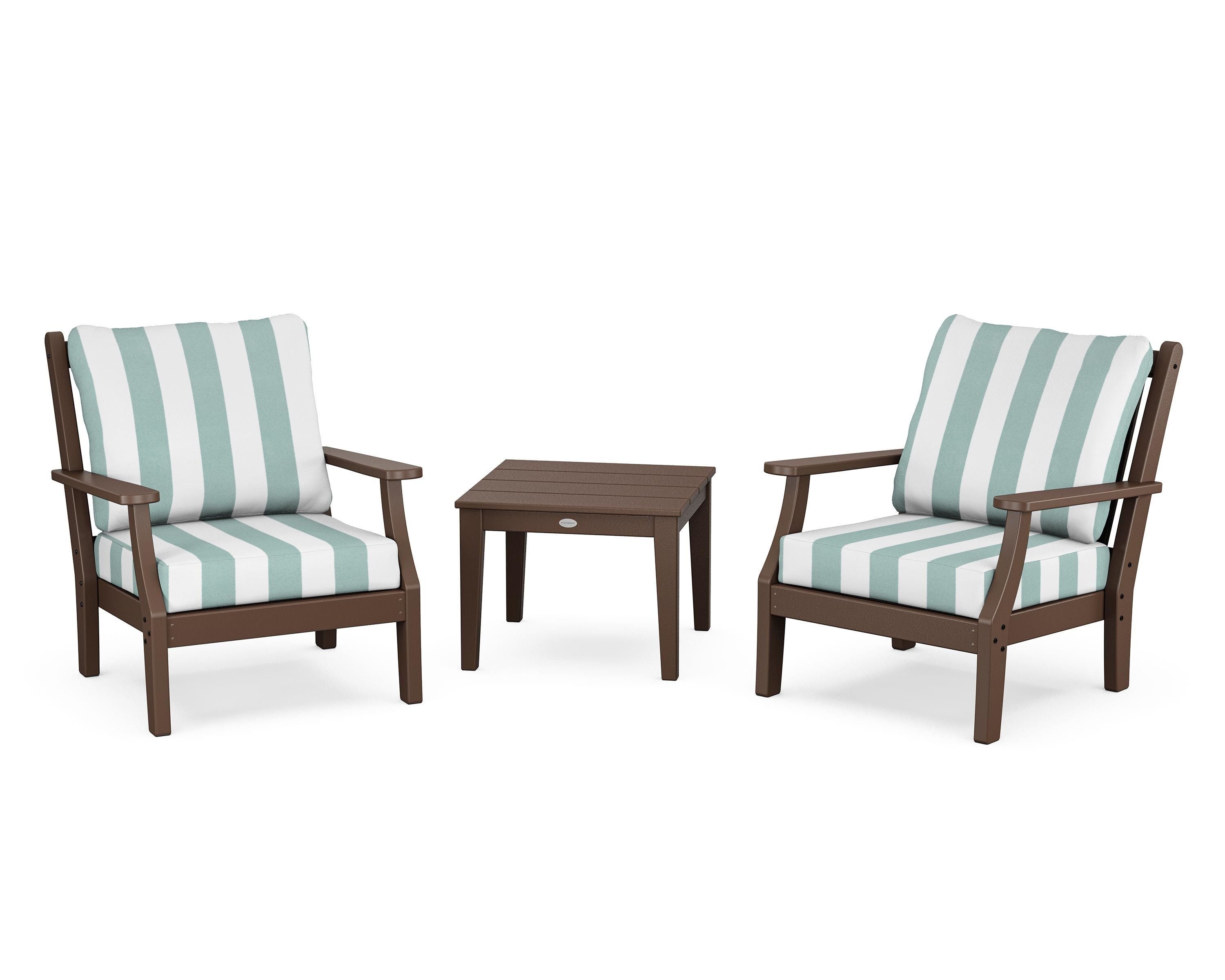 Country Living Wovendale 3-Piece Deep Seating Set in Mahogany / Cabana Stripe Glacier Spa