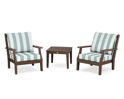 Country Living Wovendale 3-Piece Deep Seating Set in Mahogany / Cabana Stripe Glacier Spa
