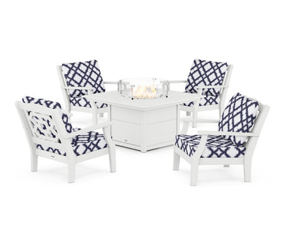Martha Stewart by POLYWOOD® Chinoiserie 5-Piece Deep Seating Set with Fire Pit Table in White / Trellis Navy