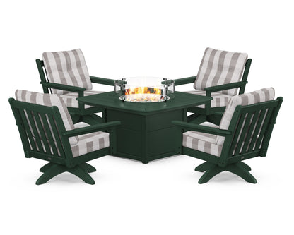 POLYWOOD® Vineyard 5-Piece Deep Seating Swivel Conversation Set with Fire Pit Table in Green / Buffalo Plaid Grey Mist