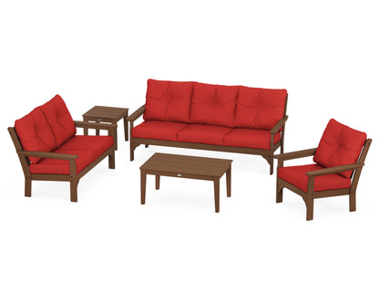 POLYWOOD® Vineyard 5 Piece Deep Seating Set in Teak / Crimson Linen