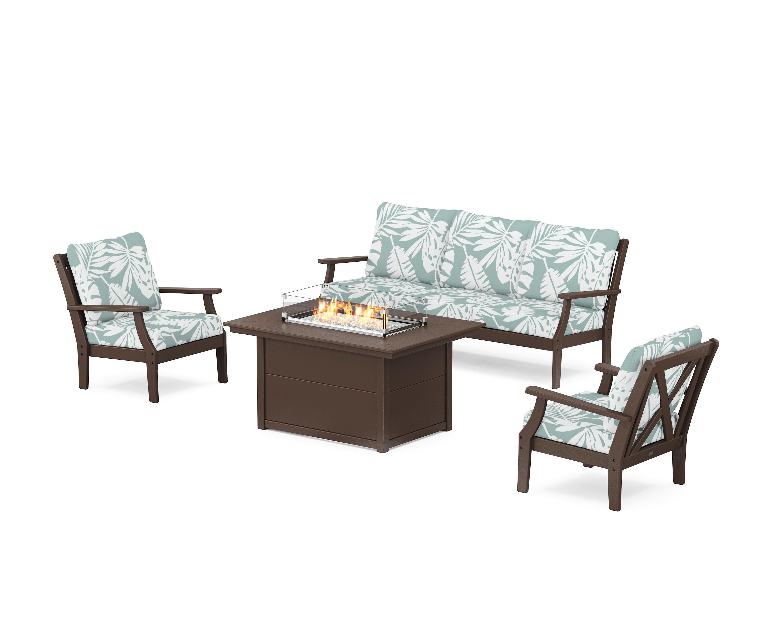 POLYWOOD® Braxton Deep Seating Fire Pit Table Set in Mahogany / Leaf Glacier Spa