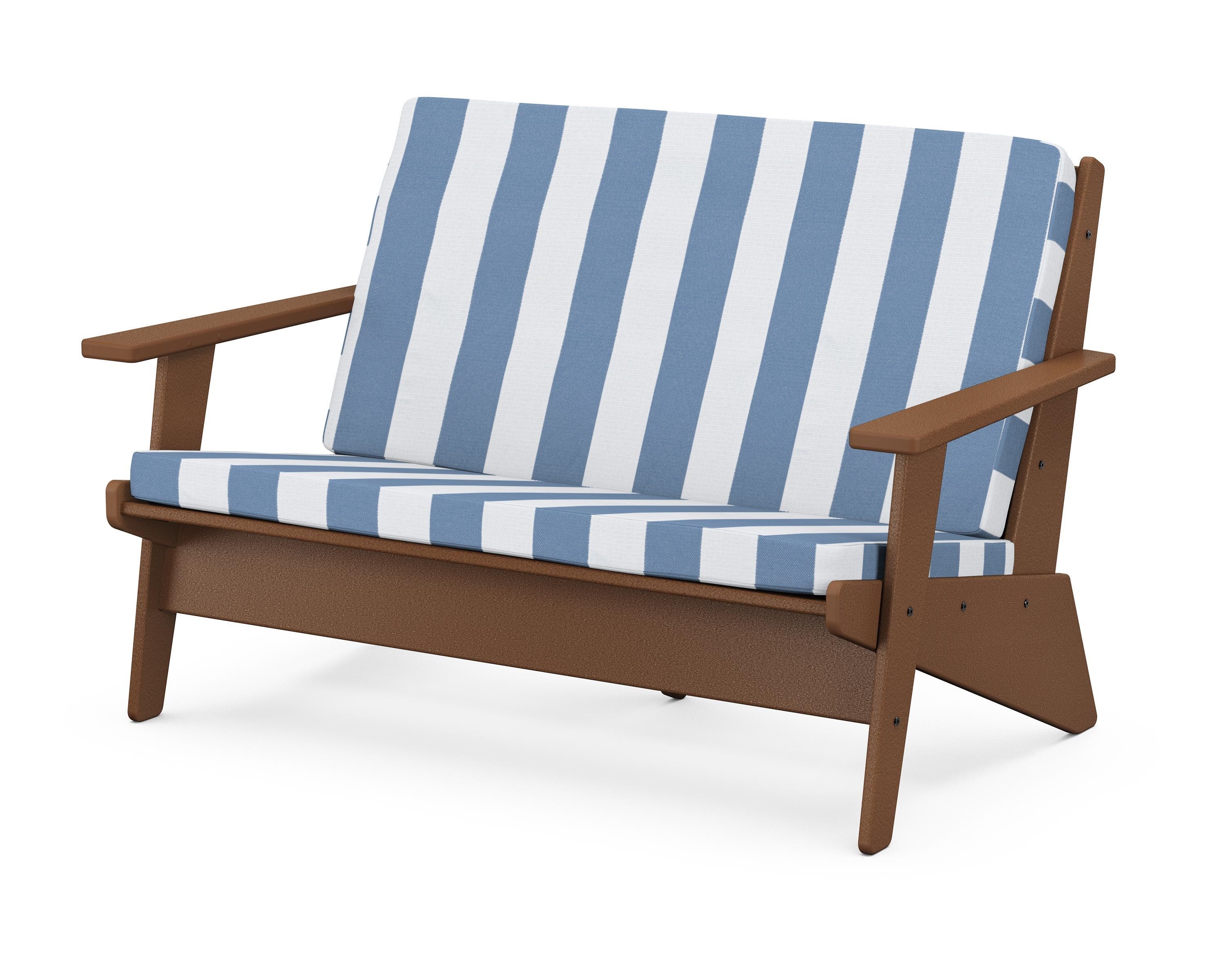 POLYWOOD® Riviera Modern Lounge Loveseat in Teak / Cabana Stripe Sky Blue