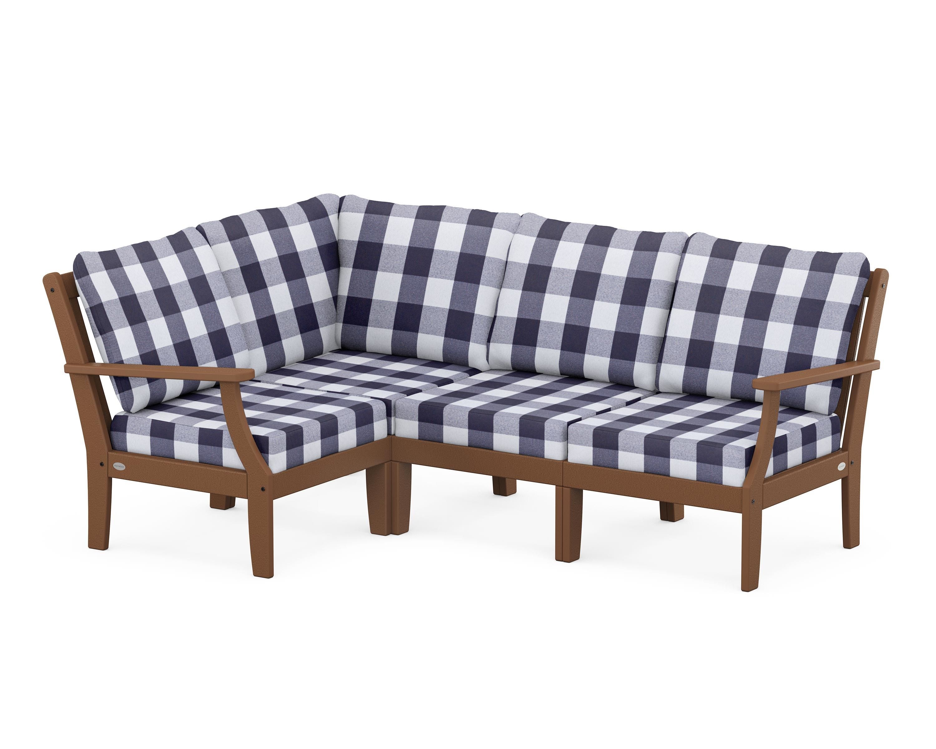 POLYWOOD® Braxton Modular 4-Piece Deep Seating Set in Teak / Buffalo Plaid Navy
