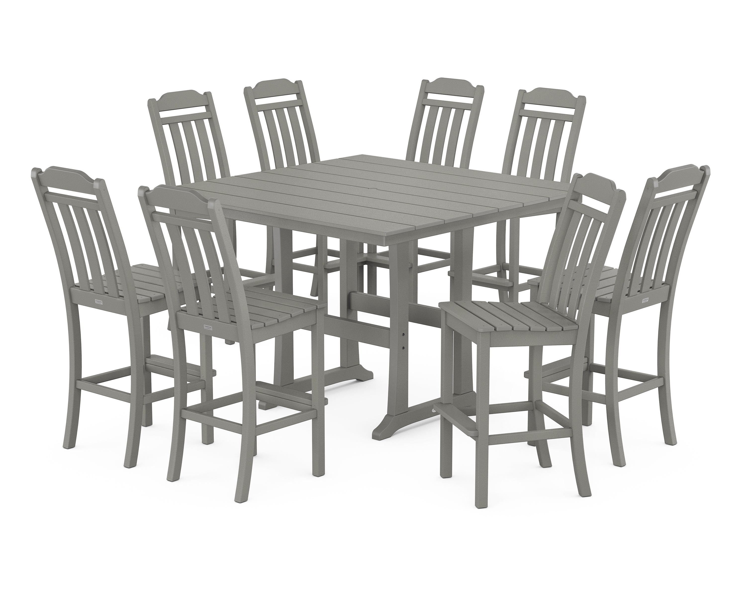 Country Living Cottage 9-Piece Square Farmhouse Side Chair Bar Set with Trestle Legs in Slate Grey