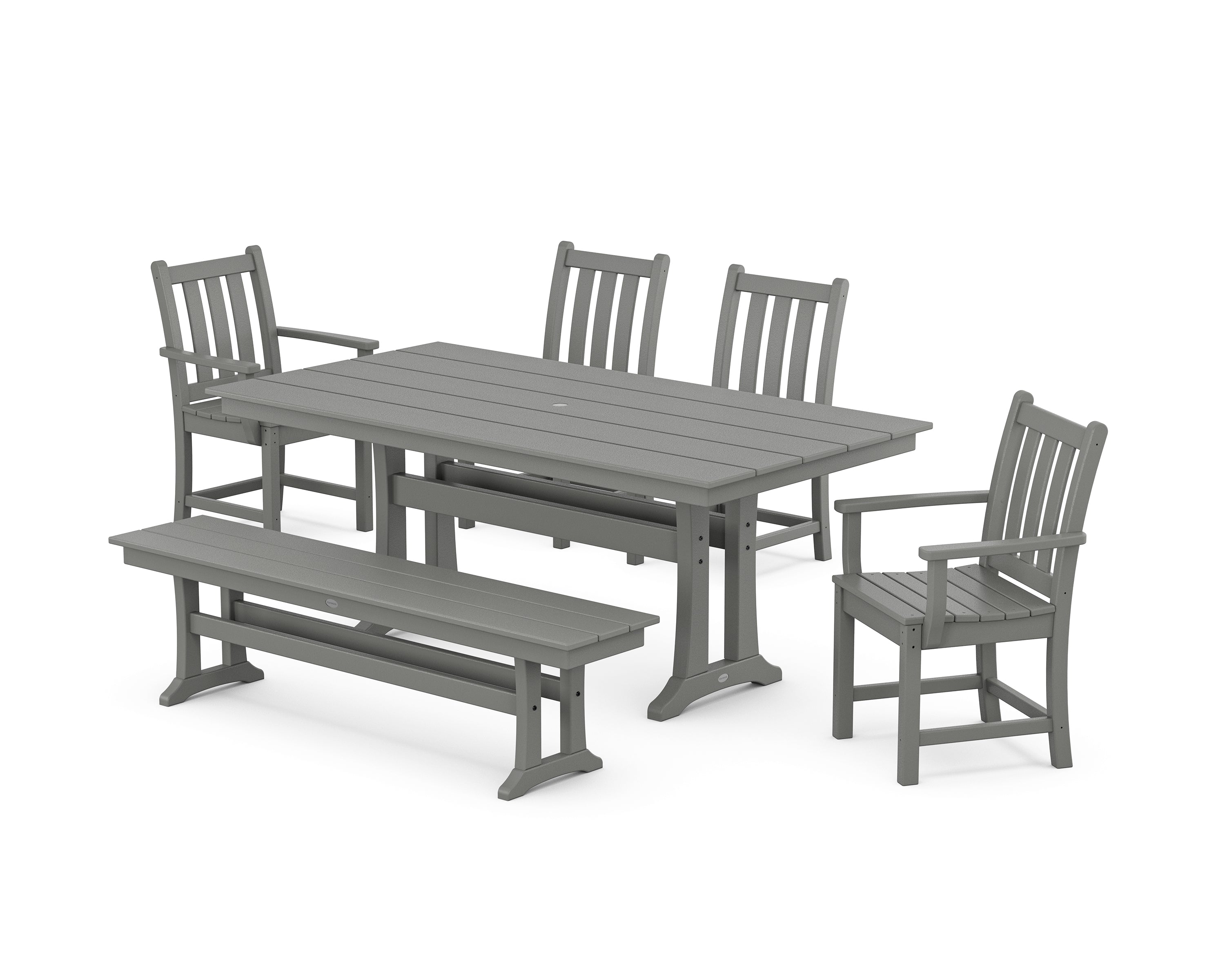 POLYWOOD® Traditional Garden 6-Piece Farmhouse Dining Set with Trestle Legs and Bench in Slate Grey