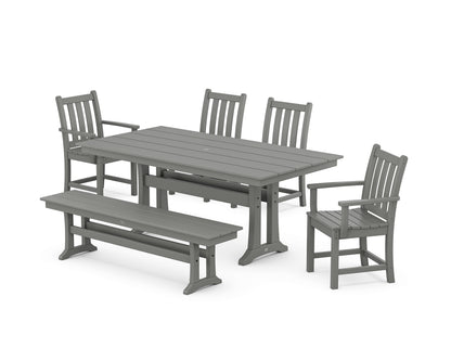 POLYWOOD® Traditional Garden 6-Piece Farmhouse Dining Set with Trestle Legs and Bench in Slate Grey
