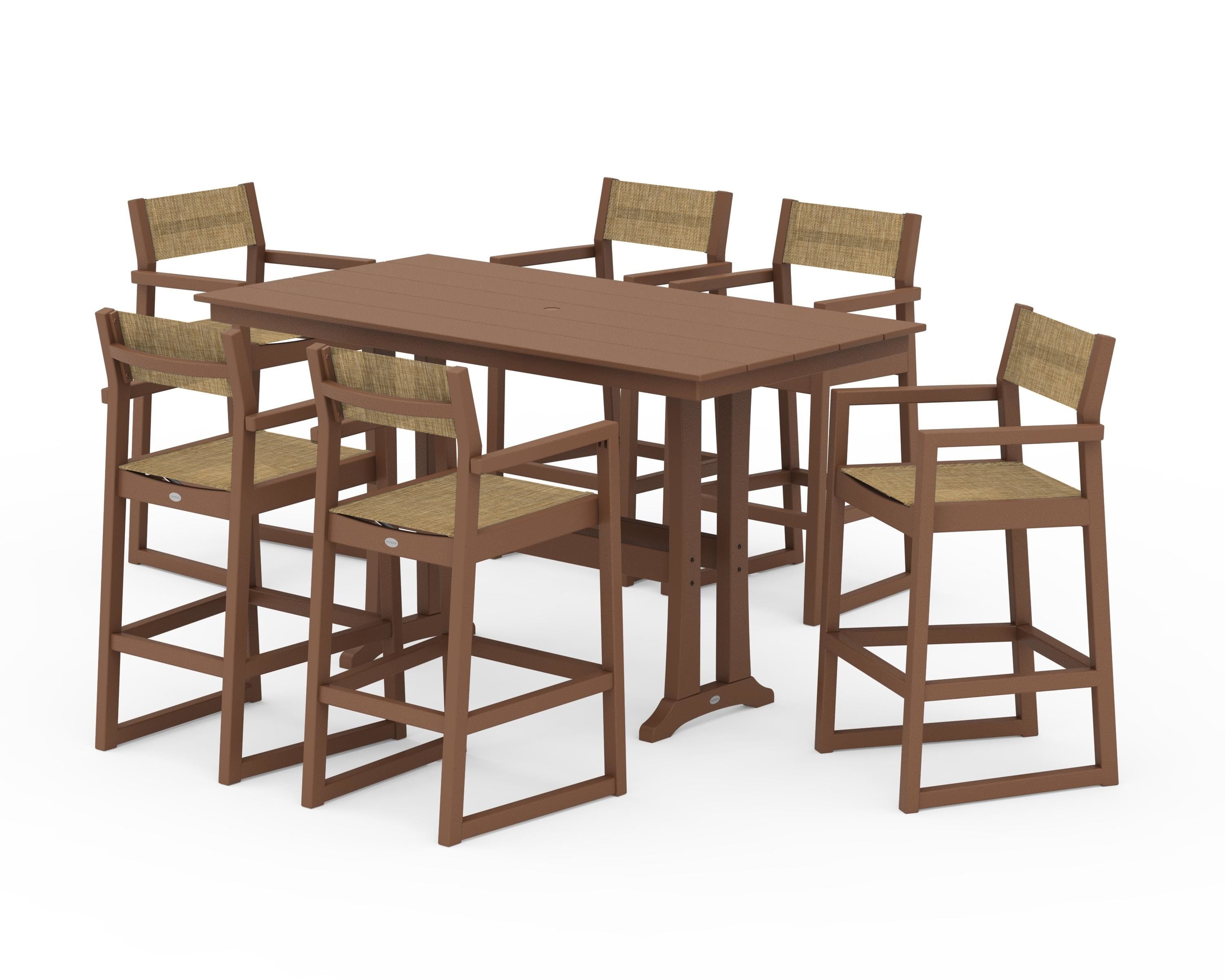POLYWOOD® EDGE Sling Arm Chair 7-Piece Farmhouse Bar Set with Trestle Legs in Teak / Burlap Sling