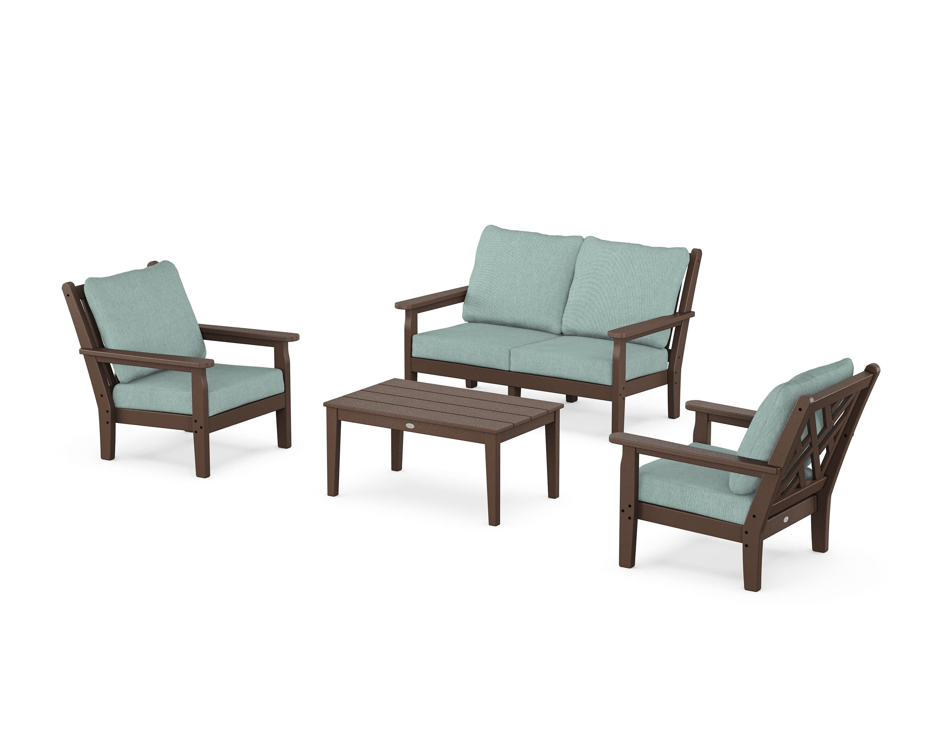 POLYWOOD® Chippendale 4-Piece Deep Seating Set with Loveseat in Mahogany / Glacier Spa