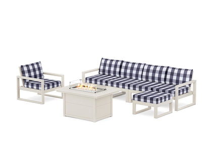 POLYWOOD® EDGE Sectional Lounge and Fire Pit Set in Sand / Buffalo Plaid Navy