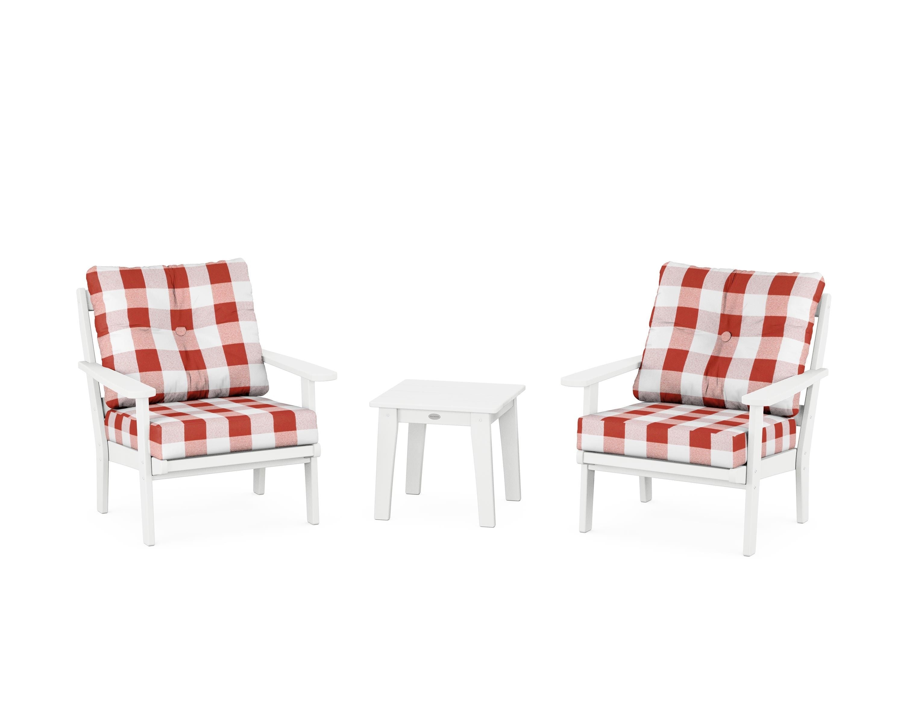 POLYWOOD® Mission 3-Piece Deep Seating Set in White / Buffalo Plaid Crimson