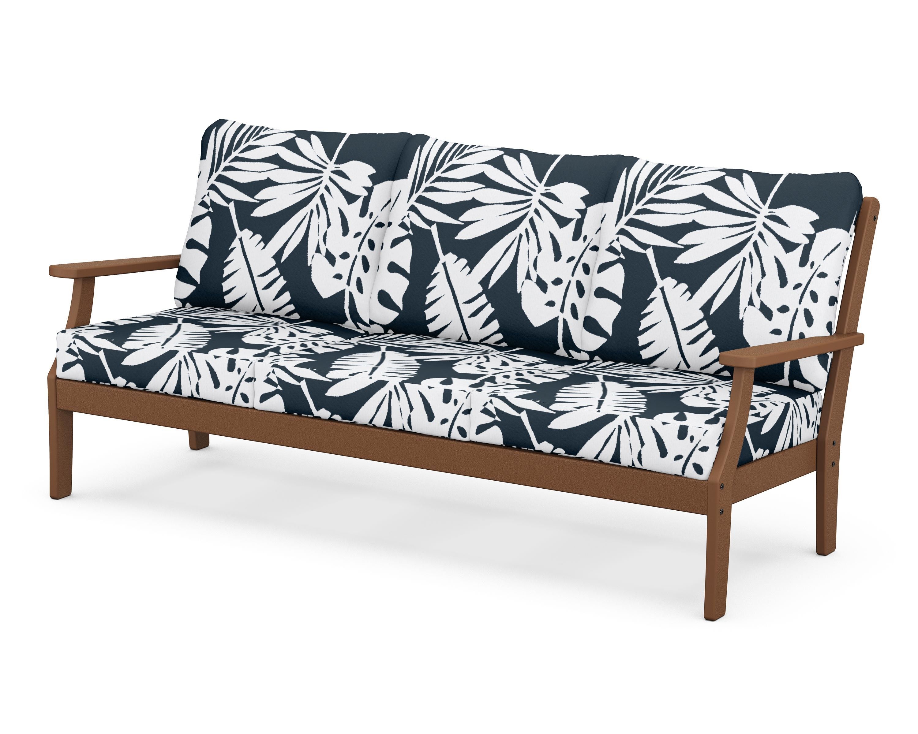 POLYWOOD® Braxton Deep Seating Sofa in Teak / Leaf Marine Indigo