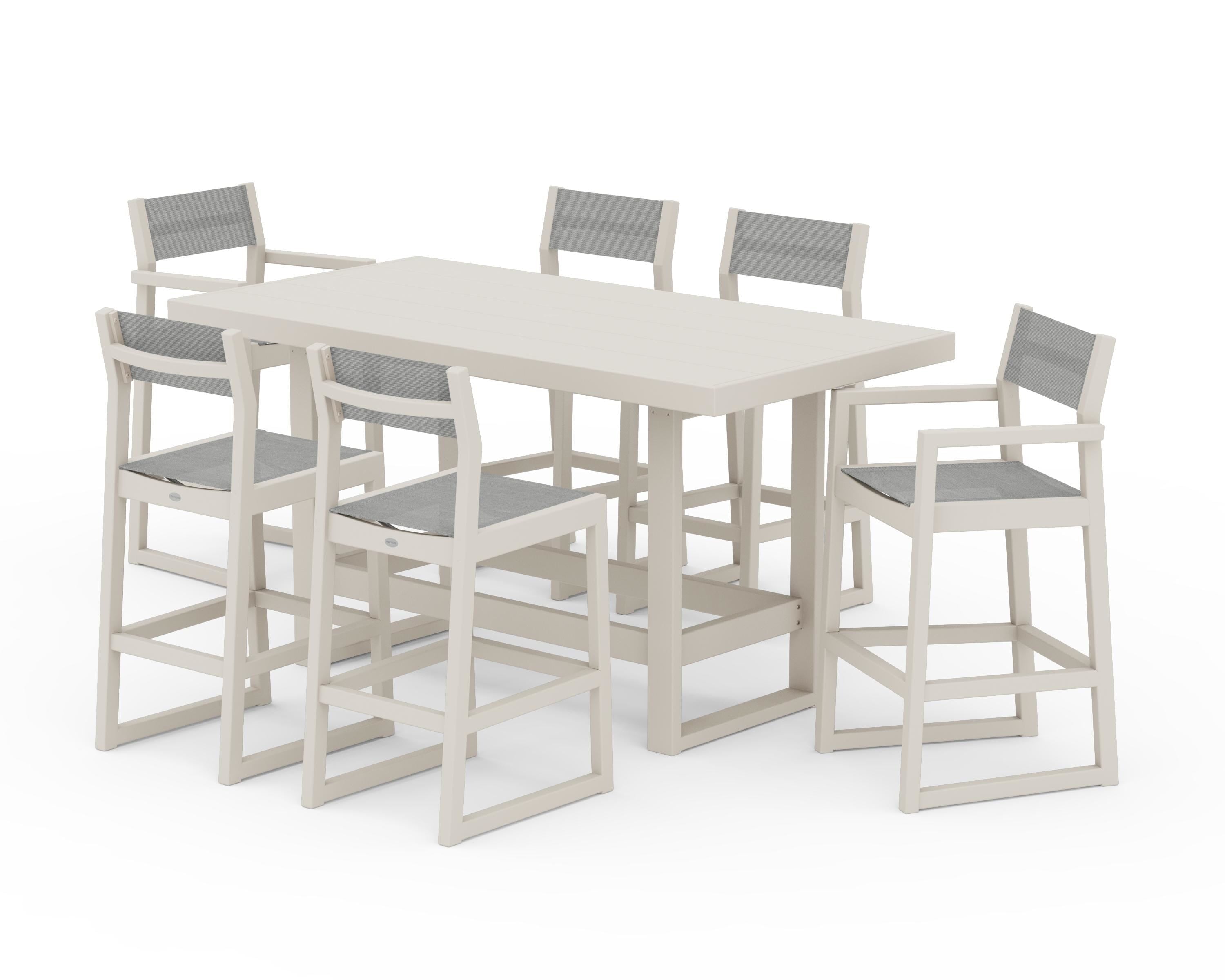POLYWOOD® EDGE Sling 7-Piece Bar Table Set in Sand / Metallic Sling