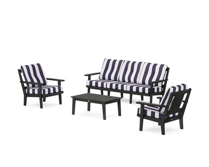 POLYWOOD® Prairie 4-Piece Deep Seating Set with Sofa in Black / Cabana Stripe Navy