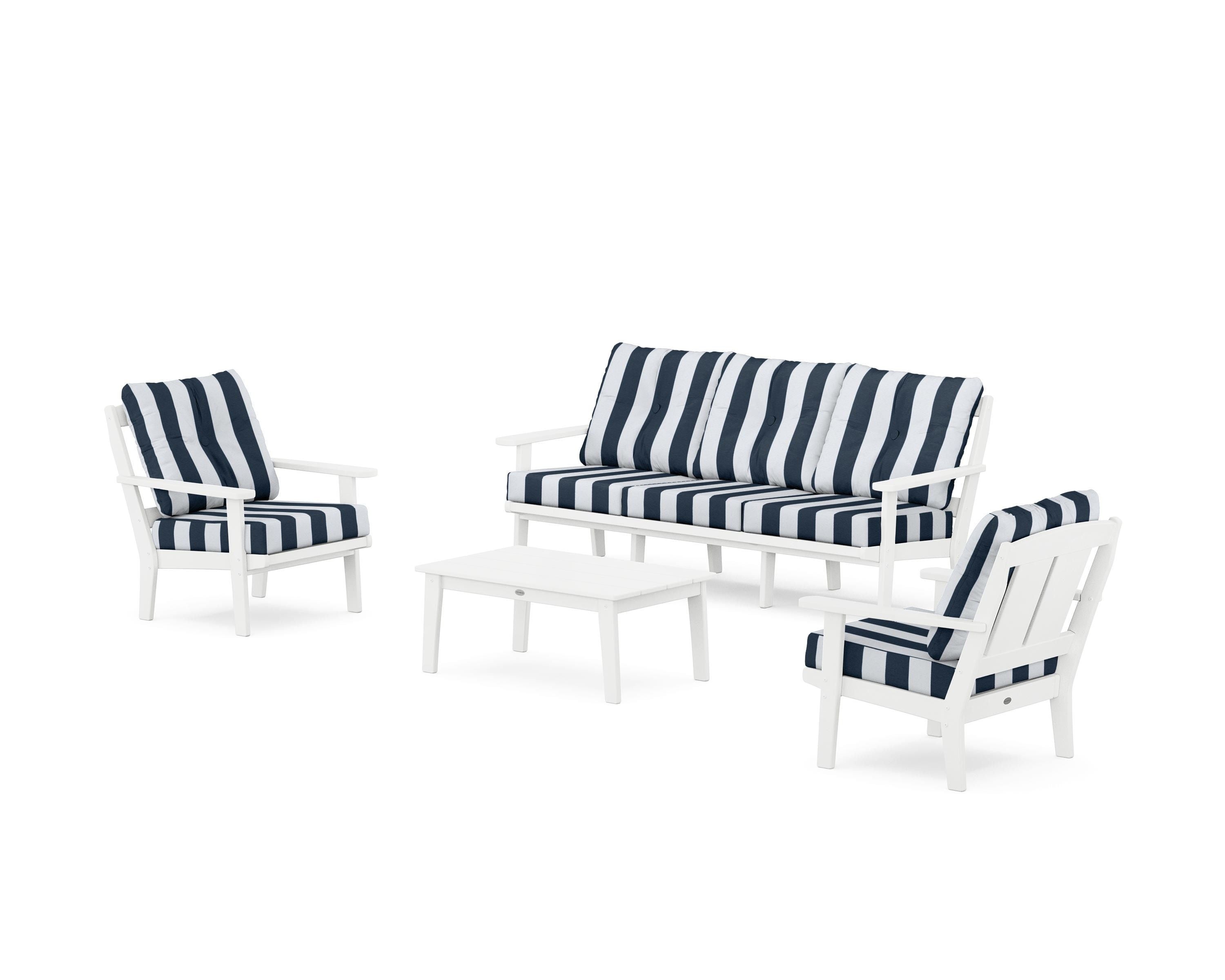 POLYWOOD® Mission 4-Piece Deep Seating Set with Sofa in White / Cabana Stripe Marine Indigo