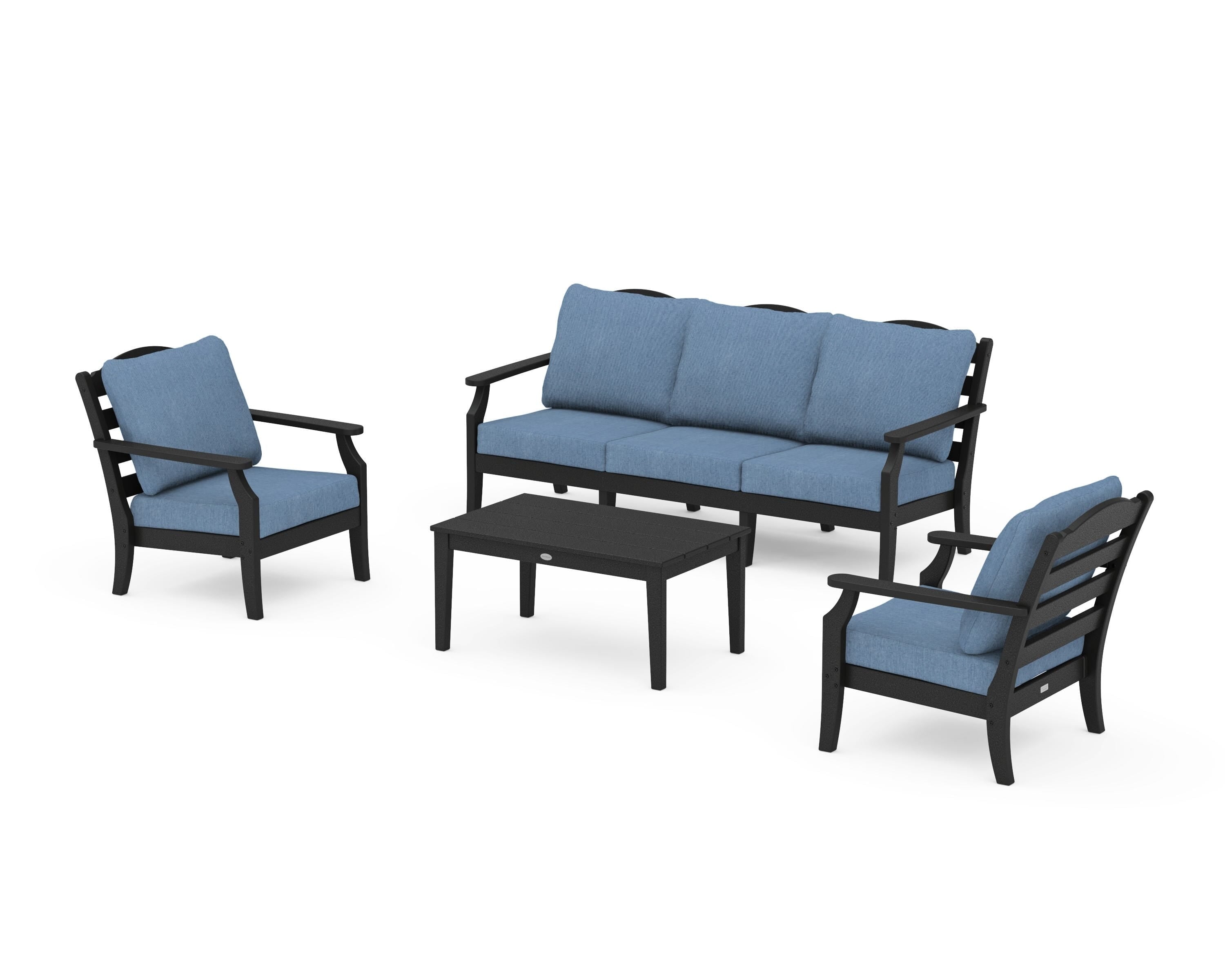 Draper James™ by  POLYWOOD® Savannah 4-Piece Deep Seating Set with Sofa in Black / Sky Blue