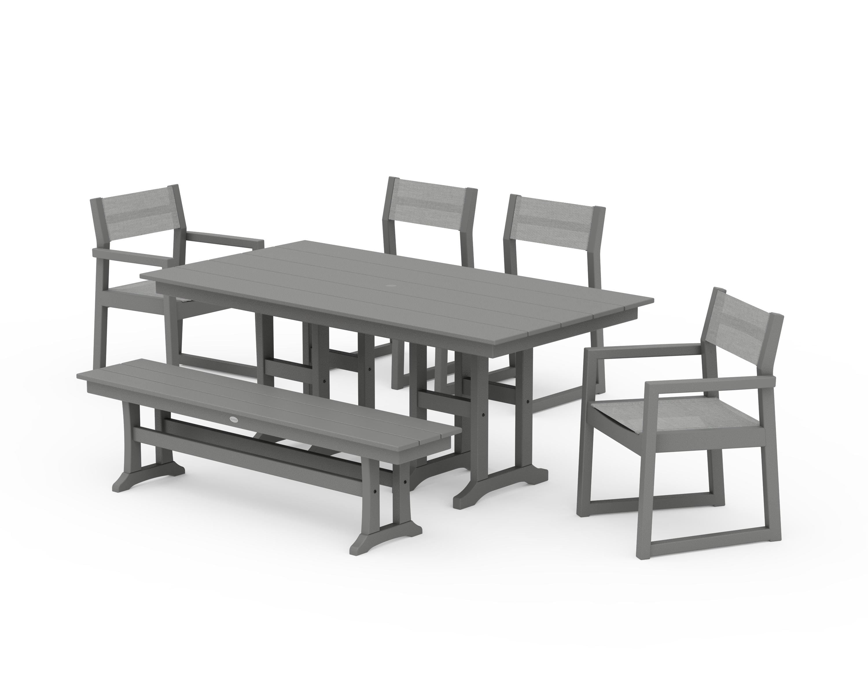 POLYWOOD® EDGE Sling 6-Piece Farmhouse Dining Set in Slate Grey / Metallic Sling