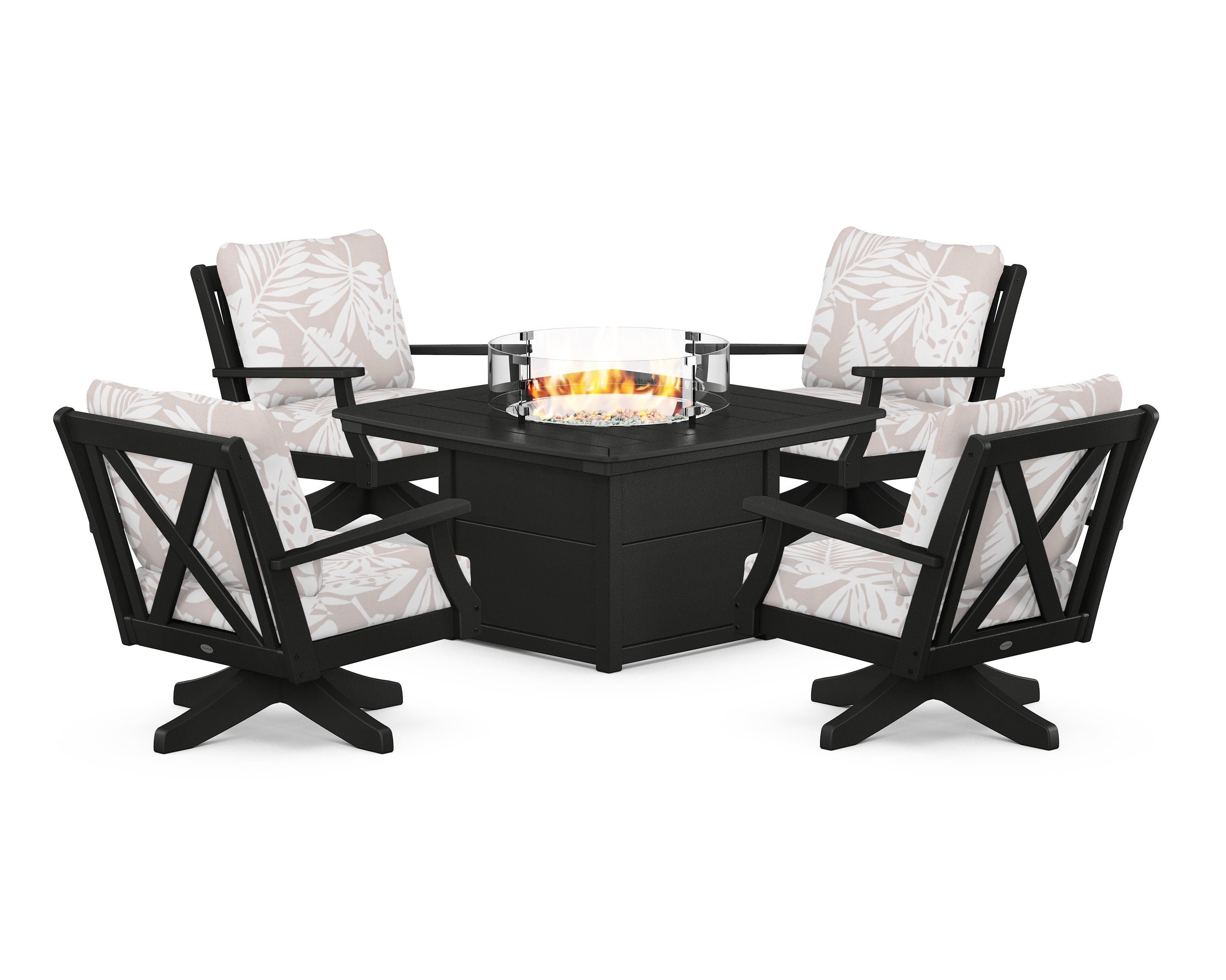 POLYWOOD® Braxton 5-Piece Deep Seating Swivel Conversation Set with Fire Pit Table in Black / Leaf Dune Burlap